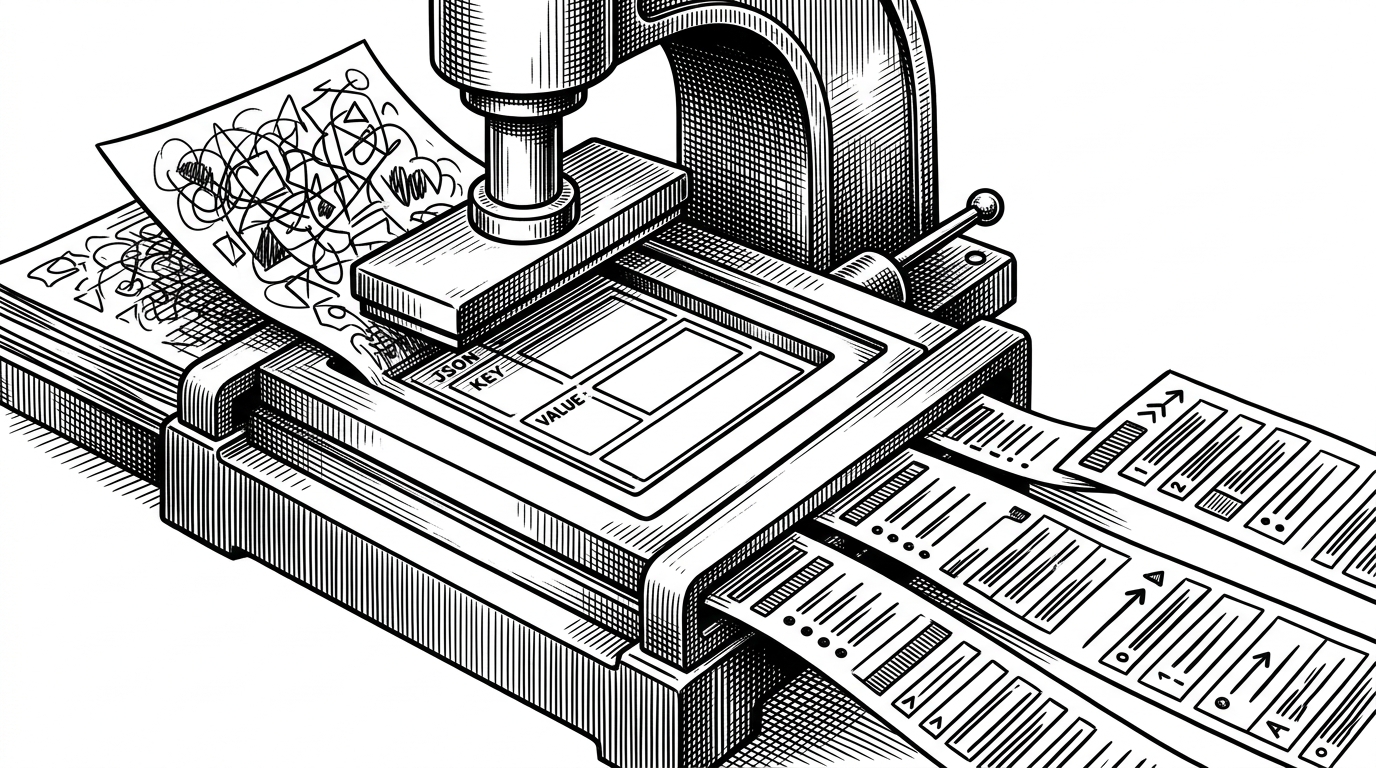 A close-up editorial illustration shows a metal press stamping a messy image into a clean JSON form. Three output channels emerge from the press as labeled-looking data shapes: symptoms, likely cause, and treatment steps. The scene explains how prompt design can turn a multimodal model into structured application data.
