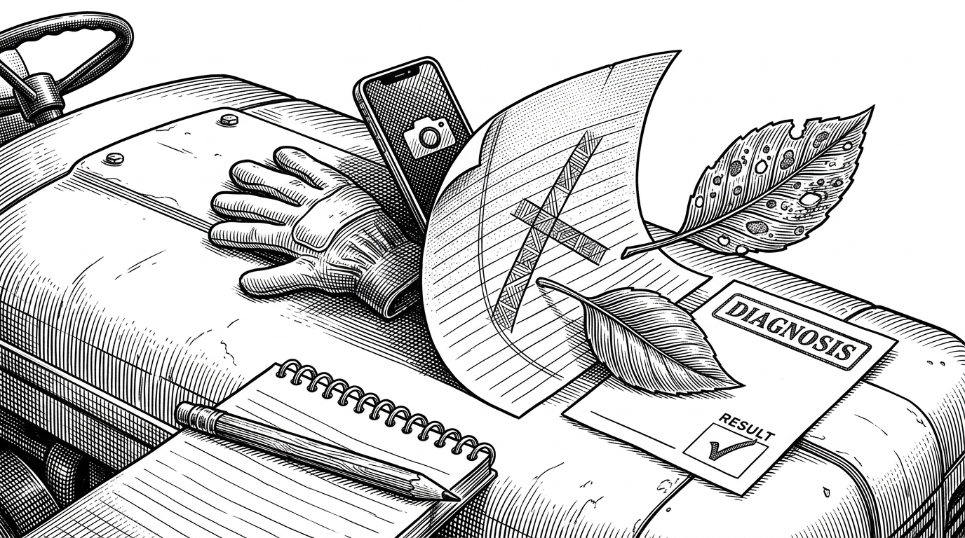 A wide field-scene illustration shows a tractor hood used as a desk, with a leaf notebook, a healthy leaf, and a diseased leaf laid out beside a rejected photo of a glove and phone. A diagnostic sheet hovers above the scene like a gatekeeper, showing that the system must first verify the image is a leaf before it will attempt any diagnosis.