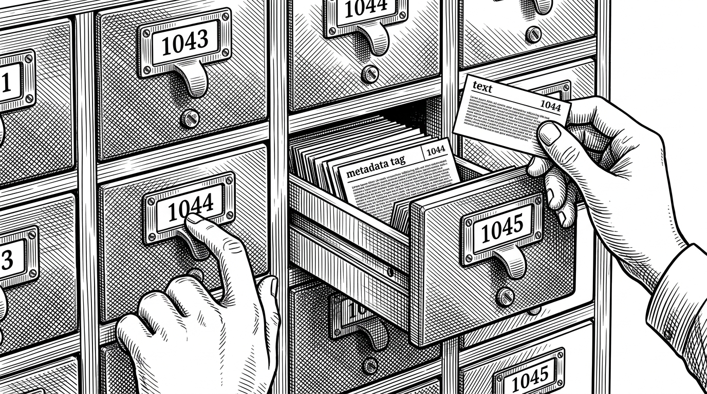 A close-up black-ink engraving of a mechanical cabinet with many numbered drawers. One hand pulls out a drawer containing a vector index, while another hand matches the drawer number to a paper slip of metadata and text. It explains why practical vector search needs both math and human-readable context.