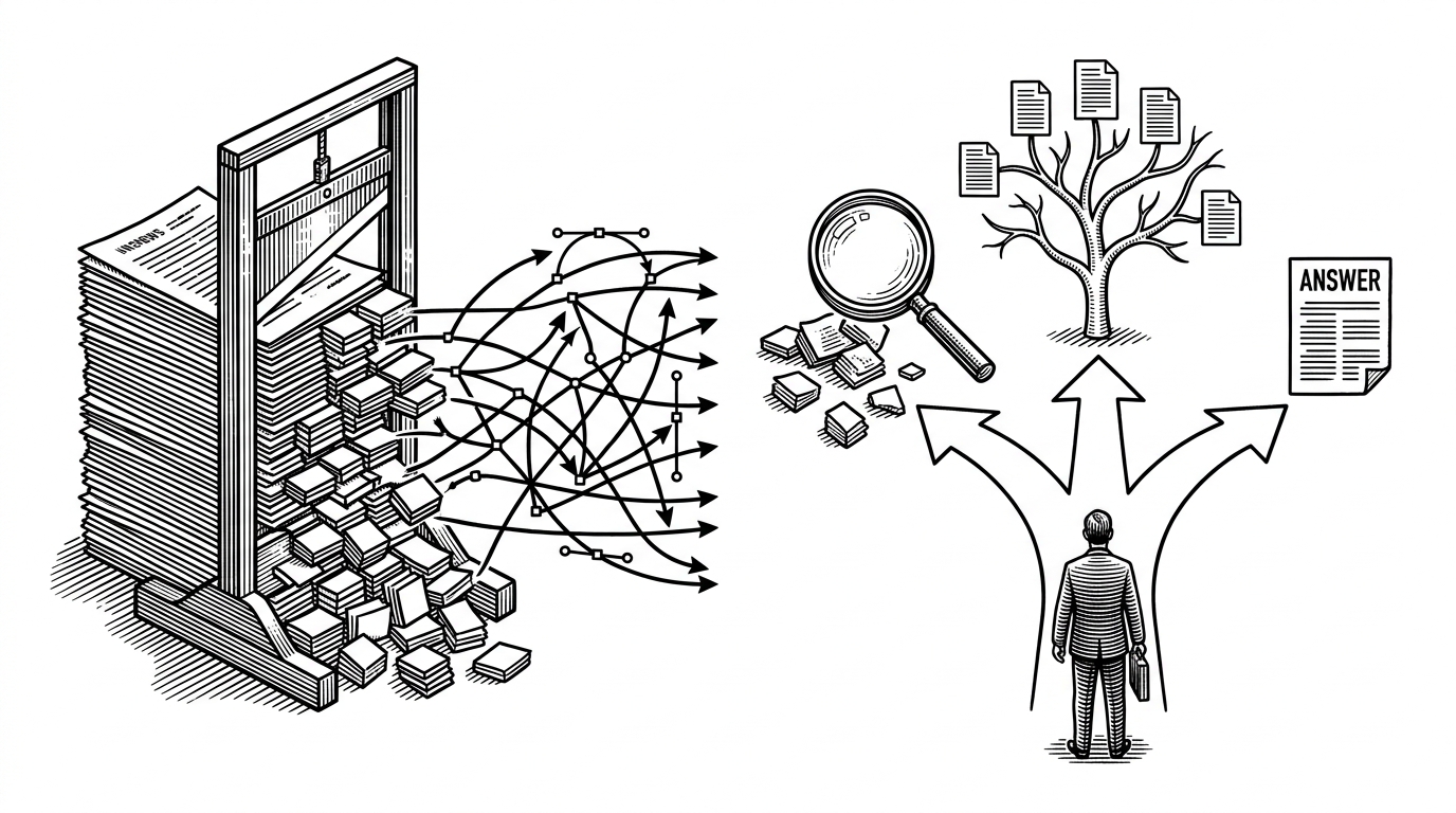 A wide black-ink editorial scene on white background. On one side, a document is split into many small chunks that feed a dense lattice of search paths. On the other, a retrieval agent stands at a fork between vector search, tree navigation, and direct answering. It explains that RAG is really a choice of retrieval strategy, not a single pipeline.