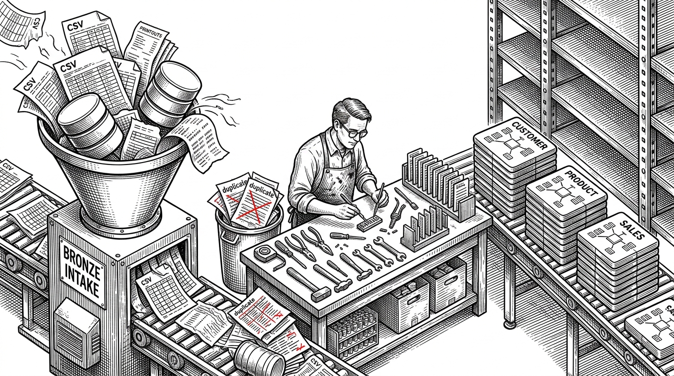 A three-stage warehouse assembly line shows raw source files entering a Bronze funnel, getting cleaned at a workbench in the middle, and leaving as polished dimensional blocks on the right. It explains that the repo is not just loading data, but applying rules as records move from ingestion to business-ready modeling.