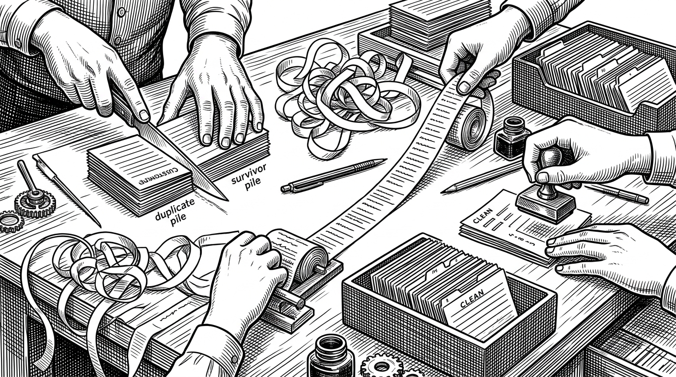 A close-up workbench shows a pair of hands sorting duplicate customer cards, converting crooked date slips, and stamping clean values into organized trays. It explains that Silver is the layer where raw rows become defensible data through trimming, conversion, and deduplication.