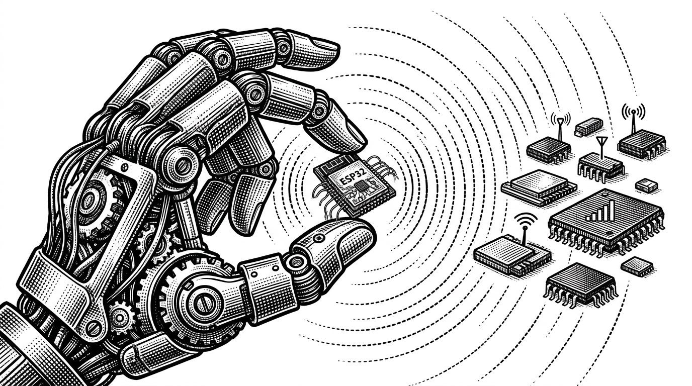 A close-up of a mechanical hand holding a glowing ESP32 chip that sends pulse waves to smaller chips in the background.