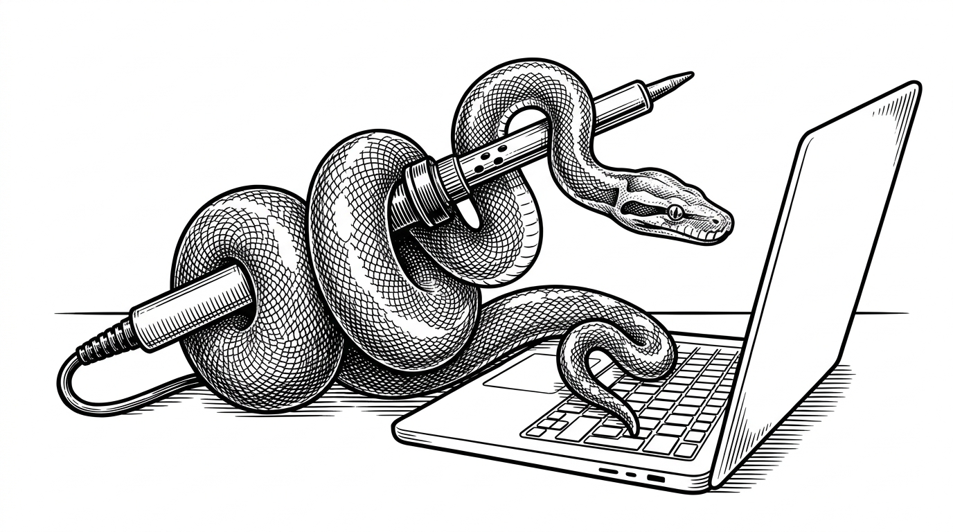 A single MicroPython logo snake coiled around a cool soldering iron, typing on a laptop.