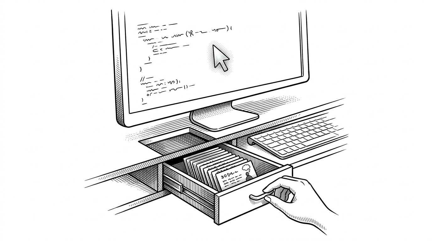 A wide terminal workspace with a hidden drawer opening beneath an AI assistant cursor, revealing a neat stack of quote cards. The image shows that the skill is dormant until the agent summons it, which is the article's main idea about progressive disclosure and low context overhead.