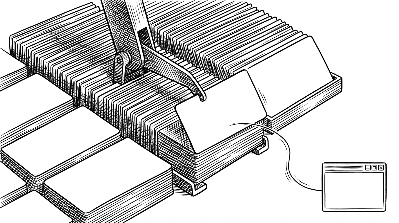 A close-up of a precise mechanical selector lifting one card from a dense stack of quote cards while the rest remain untouched. The image explains that the script draws from a local JSON corpus, one item at a time, instead of reaching for a remote feed.