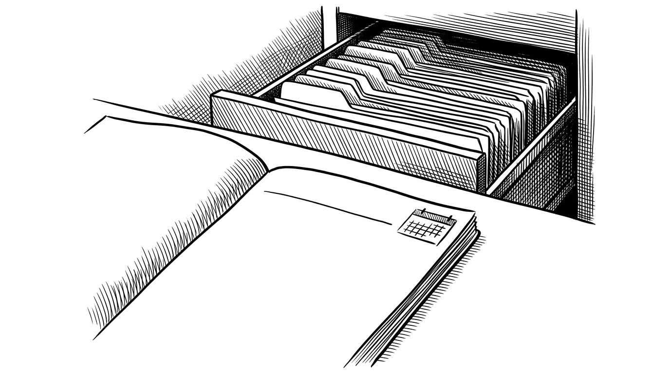A lone notebook page sits on a bare desk, with almost no writing on it. Behind it, a half-open file cabinet suggests a much larger system hidden out of view, which explains how an almost empty repository can still feel deliberate.