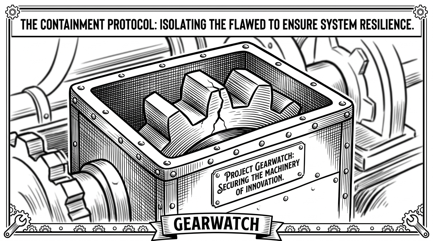 A cracked gear tooth secured inside a heavy steel containment box, isolated from smoothly running machinery in the background. This illustrates localized fault containment within tool schemas.