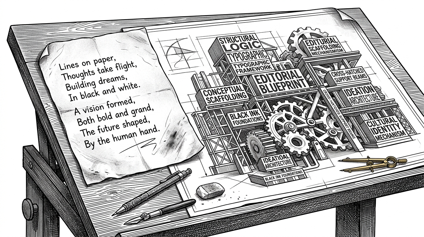 A drafting table contrasting a simple poem on crumpled paper with a complex architectural blueprint of a machine. This illustrates the transition from creative writing to rigid prompt architecture.