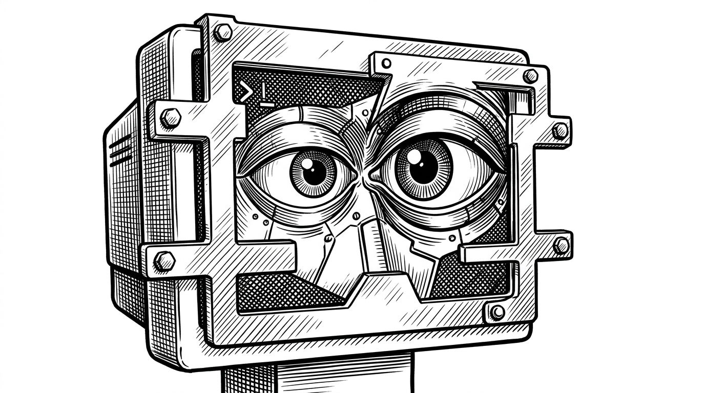A mechanical eye looking at a terminal screen through a rigid metal stencil that blocks certain areas. This represents how UI boundaries restrict what the LLM is allowed to interact with.