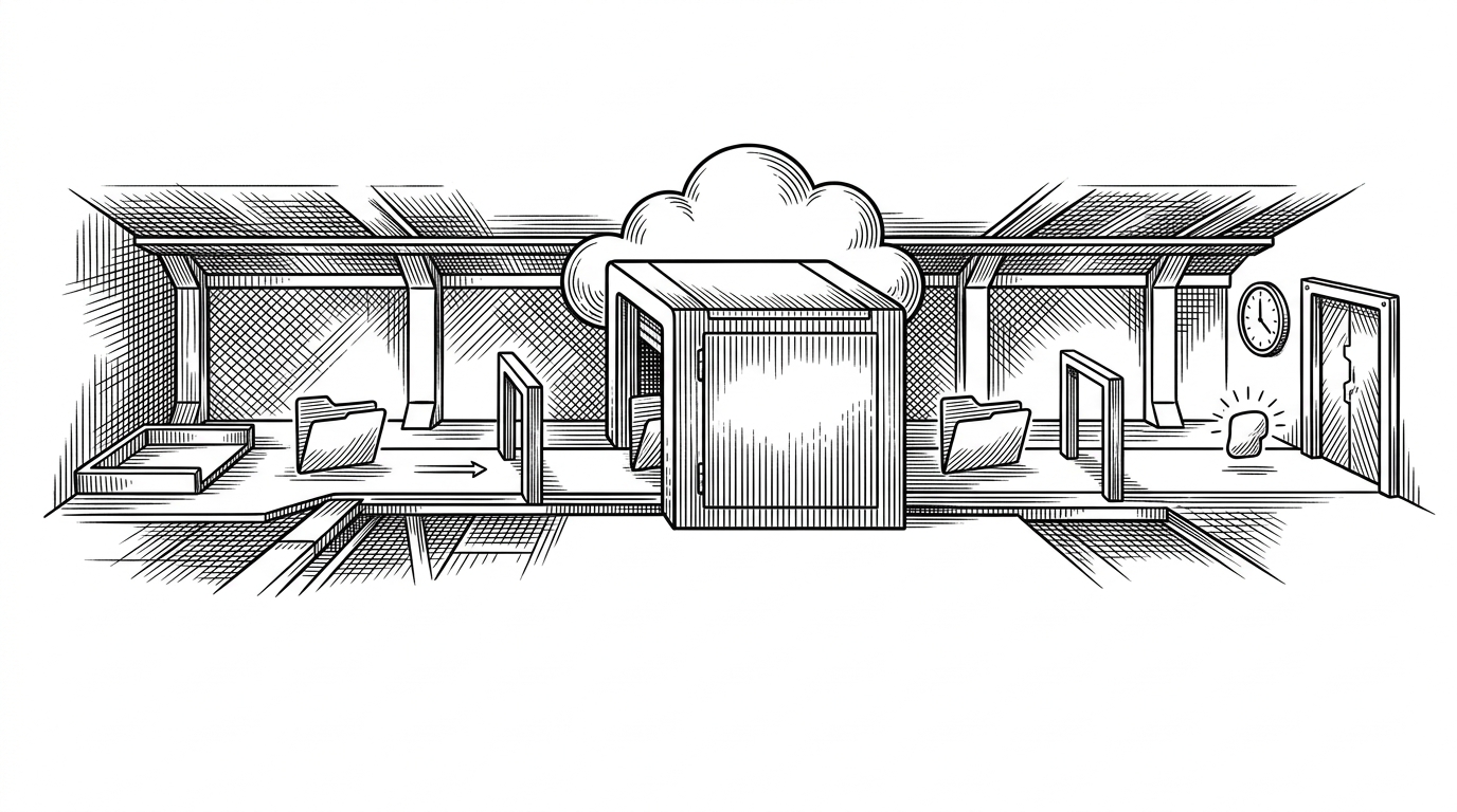 A wide editorial scene shows a file packet moving through a three-stage corridor. On the left, a temporary upload tray holds the file. In the middle, a Cloudinary vault stores it behind heavy doors. On the right, a short link token sits beside a clock and a sealed access gate, with a second gate in front of the file path to suggest expiry is checked twice.