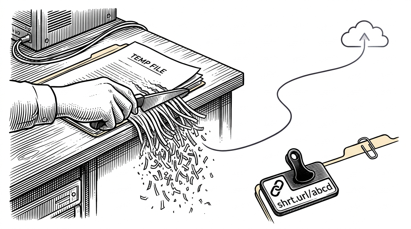 A close-up procedural scene shows a temporary file lying on a server desk while a hand removes it with a shredder-like motion. A thin line leads toward a cloud icon in the distance, and a small stamped link token is clipped to a folder tab in the foreground.