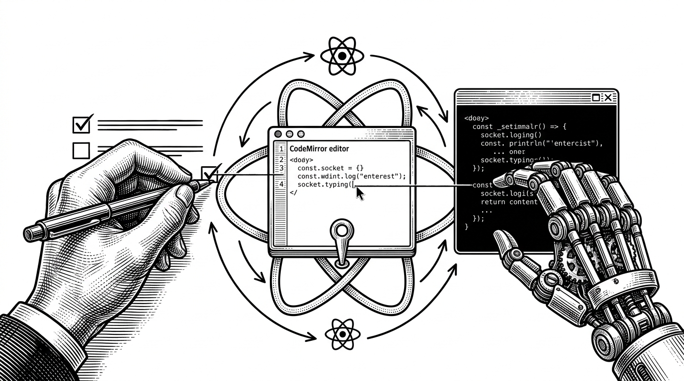A close editorial illustration of a CodeMirror editor sitting inside a React component frame. A small useRef anchor pins the editor instance in place while one line is typed locally and another arrives from the socket beside it. The image explains how the editor avoids churn when React re-renders.