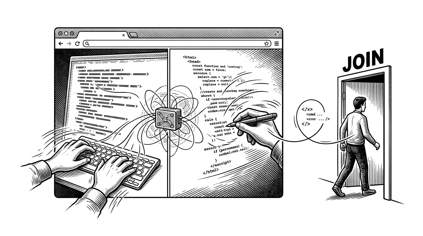 A wide editorial illustration of a browser-based coding room with two active editor panes, a central relay node, and a new participant entering through a JOIN doorway. The scene explains that the hard problem is not typing together, but catching a late joiner up without disrupting the room.