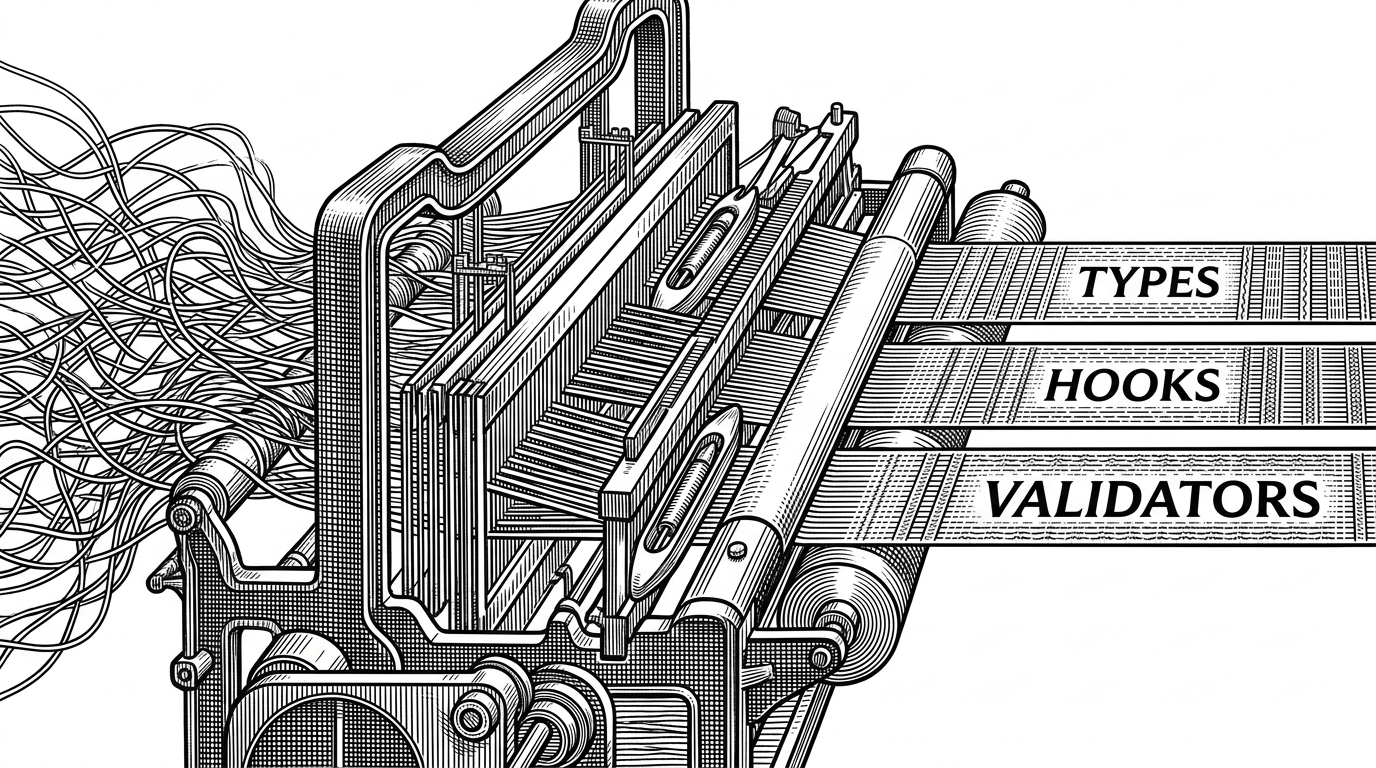 A massive mechanical loom organizing tangled threads into perfect parallel textiles. This represents Kubb's virtual file system organizing chaotic OpenAPI specs into clean, linked code.