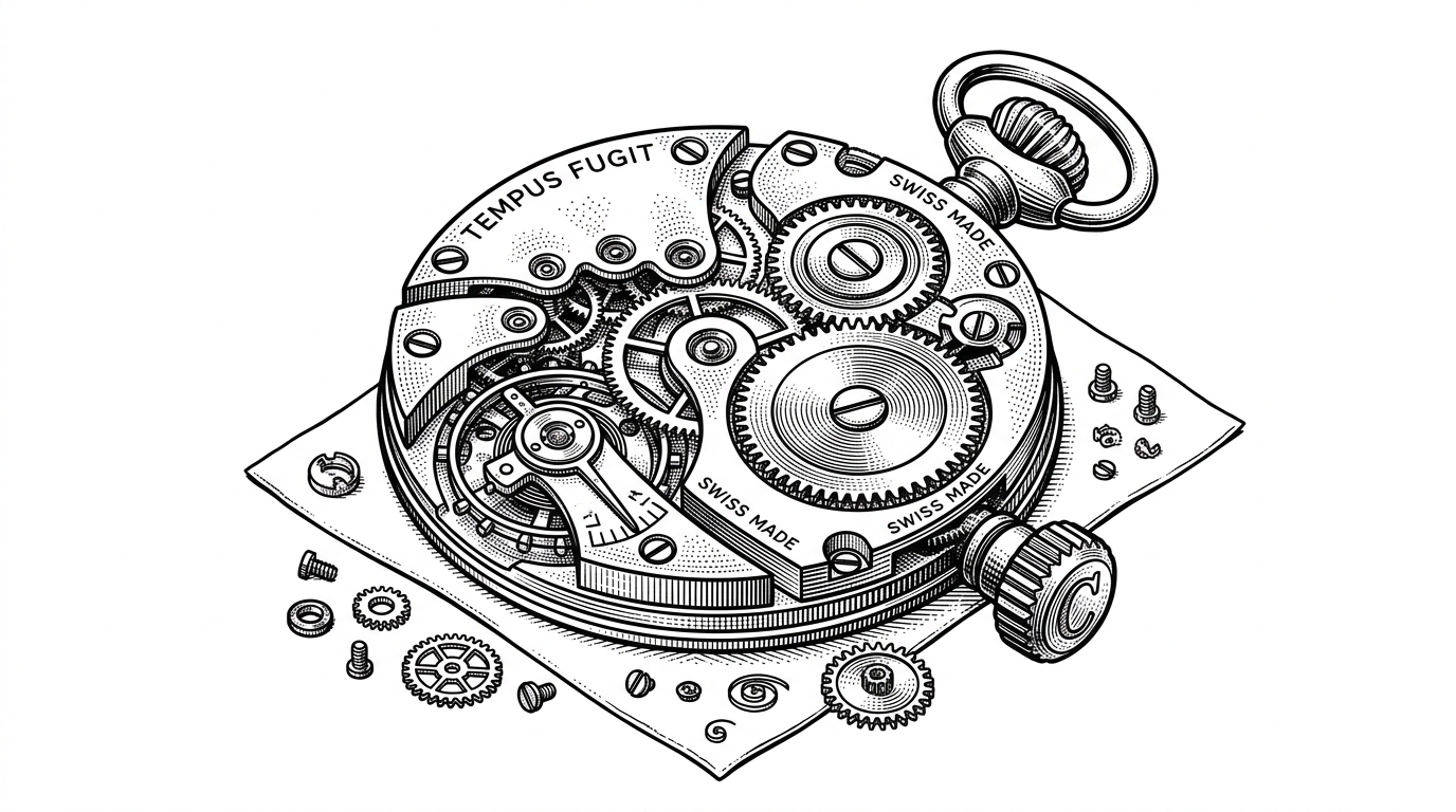 A close-up of a disassembled pocket watch mechanism resting on a pristine white jeweler's table, functioning perfectly without external power cords.