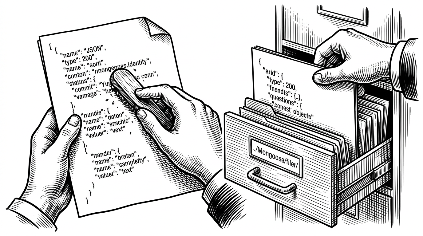 A close-up scene shows a page of messy JSON being scrubbed clean of stray backticks before snapping into a nested set of quiz objects. One hand holds the loose draft while another inserts the cleaned version into a strict form. The image explains how the app turns text into durable database records.
