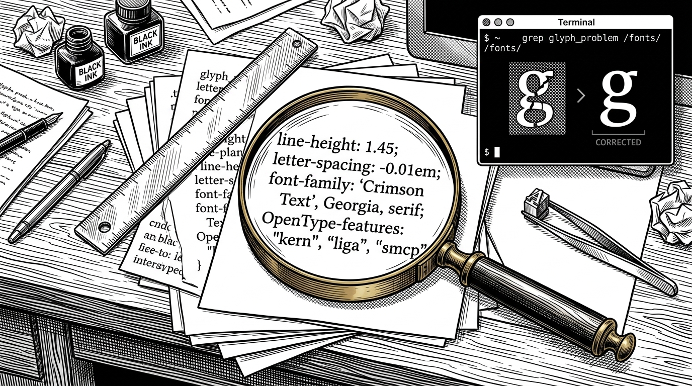 A close-up forensic typesetting desk with a magnifying glass, CSS printouts, a pixel ruler, and a terminal window showing explicit typography values. The scene explains that the repository is built from reverse-engineered production detail, not aesthetic guesswork.