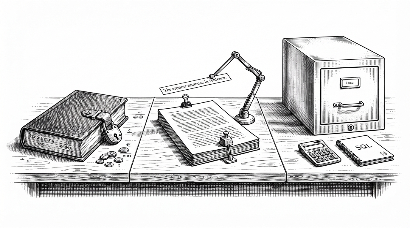 A wide editorial scene showing a research desk under three constraints. One side features a locked ledger with tiny engraved coins, another shows a source stack where a mechanical arm lifts out a single exact sentence, and a sealed filing cabinet keeps local data shut while a small notebook and calculator sit nearby. The image explains Mole's core idea: budget, source integrity, and privacy are enforced as hard boundaries.