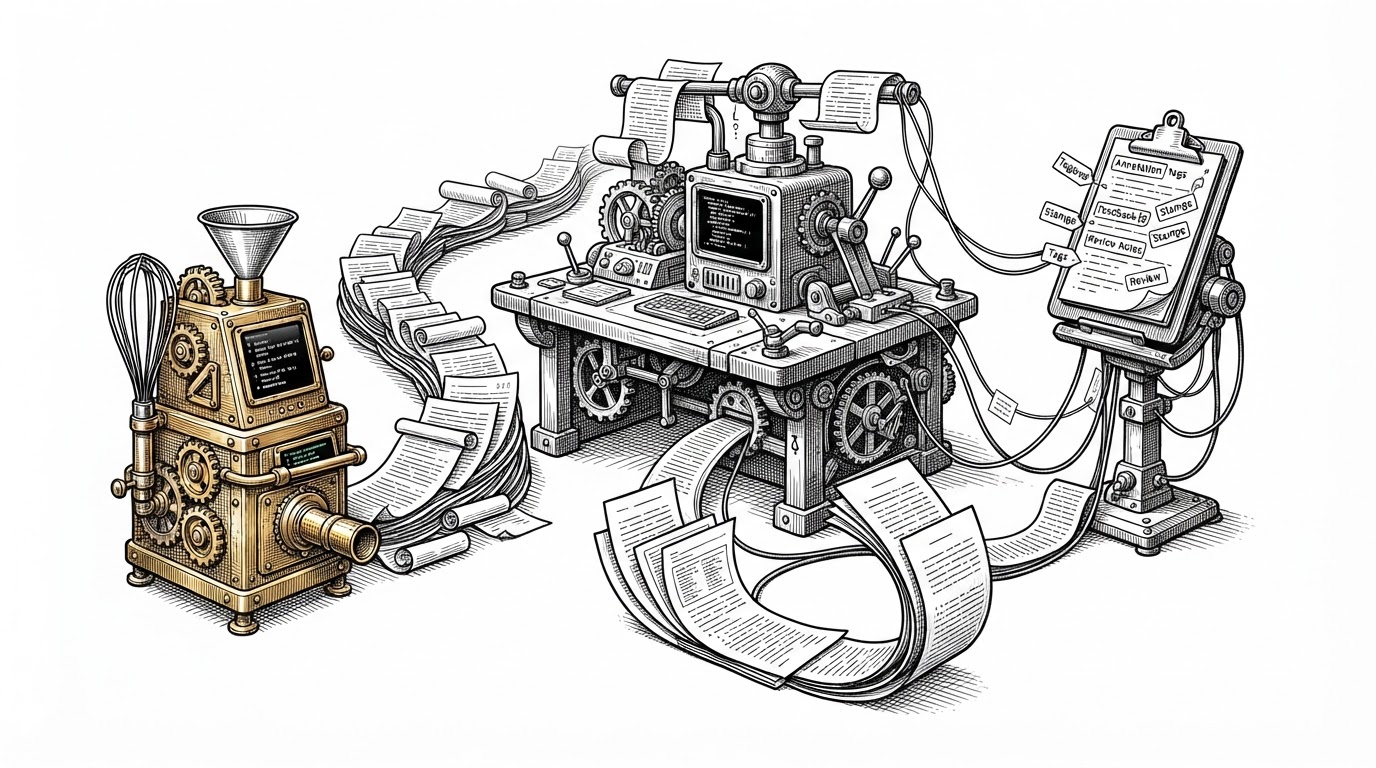 A wide editorial scene of a control room where paper trace logs feed into a central workbench. A recipe bot sits on one side as a mechanical kitchen instrument, while a judge clipboard, annotation tags, and feedback loops connect the system together. The image explains that the repo treats AI evaluation as an engineering loop built from traces, judgments, and iteration.