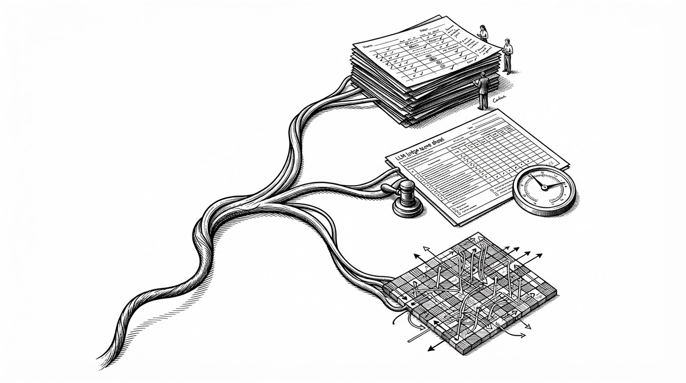 A close-up editorial illustration showing one trace splitting into several branches. One branch becomes annotation cards, another becomes a judge score sheet, and a third becomes a lattice of tool hops like a small transition matrix. The image explains how a single recorded run can generate multiple evaluation lenses.