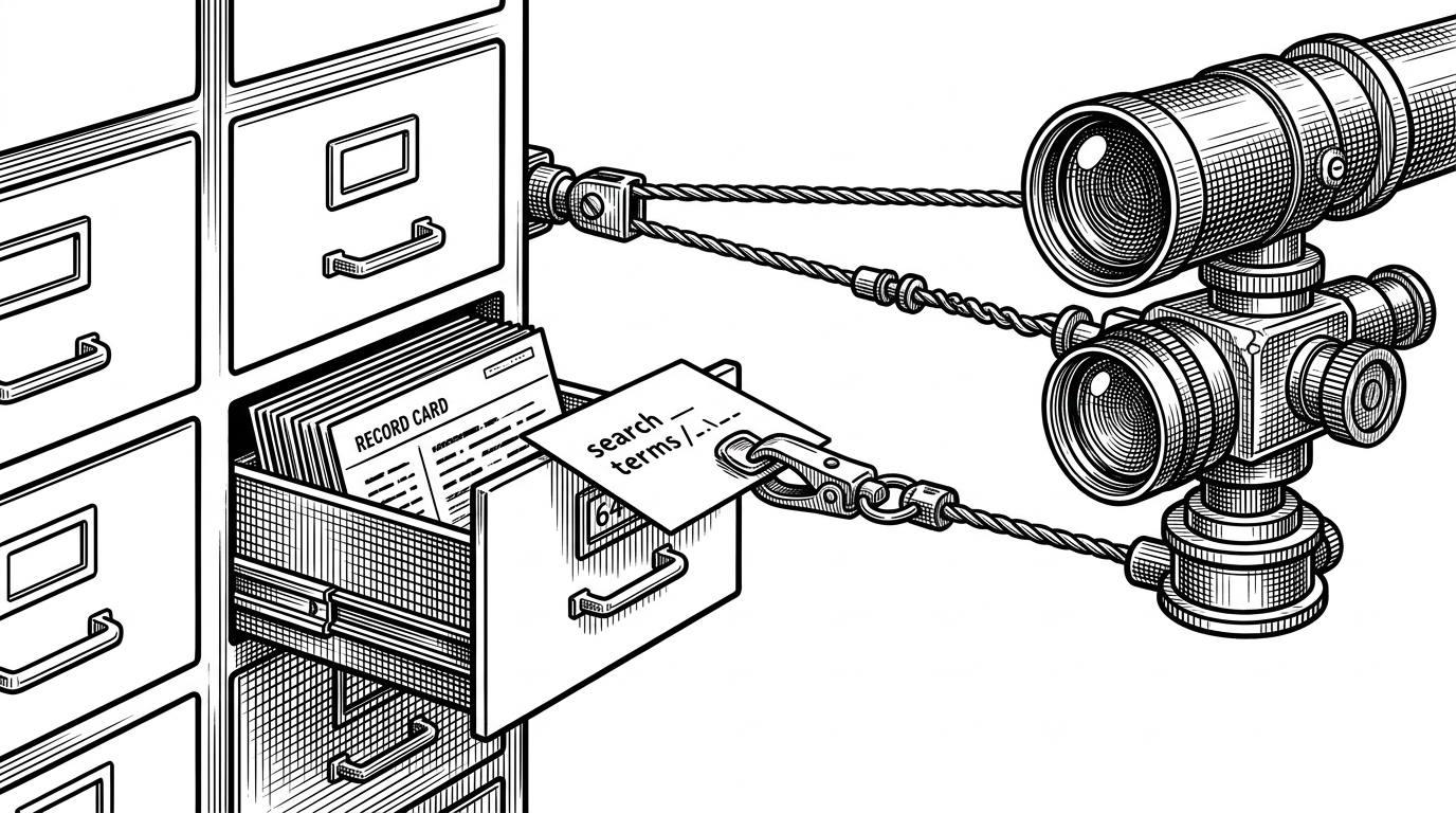 A close-up of a filing cabinet labeled artifacts connected to a search telescope labeled artifacts_fts. A single query line links the two, and a join clasp snaps the search hit back to the full row. The scene explains how keyword search and relational structure work together inside the database.