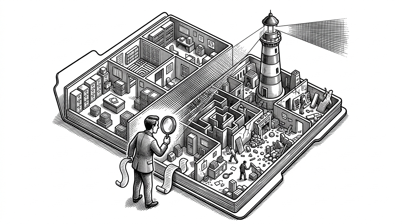 A miniature startup world sits inside an opened SQLite file like a vault. Small rooms labeled scenarios and artifacts are connected by narrow corridors, while a search lighthouse scans across the scene. A candidate stands at the threshold with a magnifying glass and a SQL strip, showing that the database itself is the test environment.