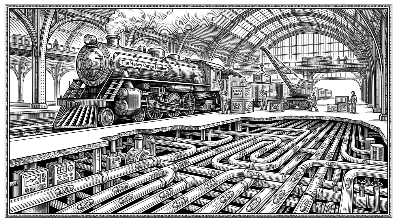 A massive train station where a single large train blocks the main track above, while a network of pneumatic tubes routes hundreds of capsules efficiently below.