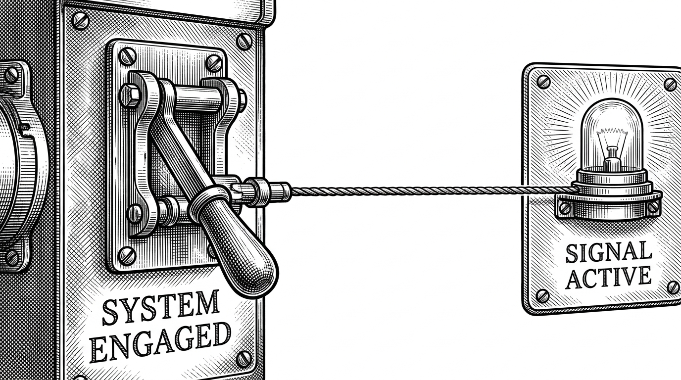 A close-up of a vintage telegraph relay switch connected by a taut wire to a bright signal lamp on a separate control panel.