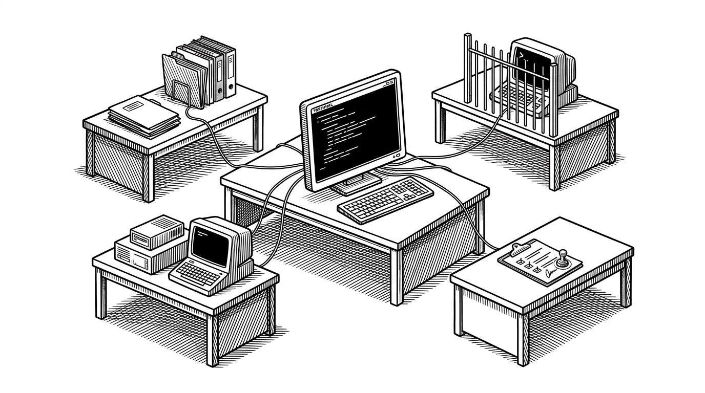 A terminal sits at the center of a tidy workspace while smaller stations surround it for files, shell commands, sub-agents, and human approval. Thin threads connect each station back to the terminal, showing that the whole system is coordinated rather than free-running. The image explains deepagents as managed autonomy, where delegation and control are designed together.