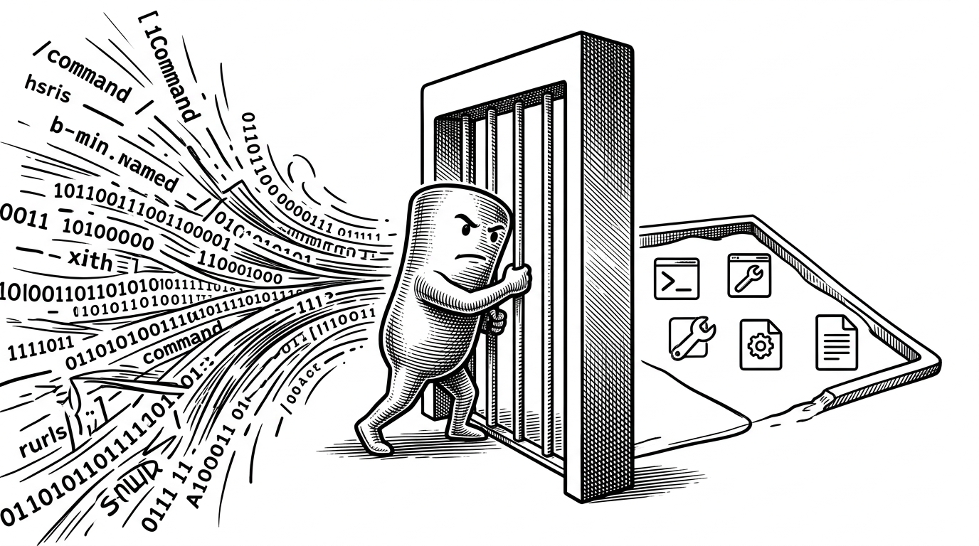 A single command tries to pass through a narrow gate labeled allowlist while a blur of unsafe commands waits on the left. On the right side, only a few approved binaries reach a clean sandboxed execution area. The scene explains that deepagents validates shell access before execution instead of trusting model output.