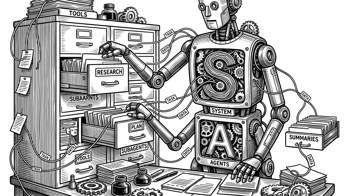 A command center built around a physical filesystem cabinet, with drawers for plans, research, tools, subagents, and summaries. It explains that the framework treats files as working memory, not as a side channel.