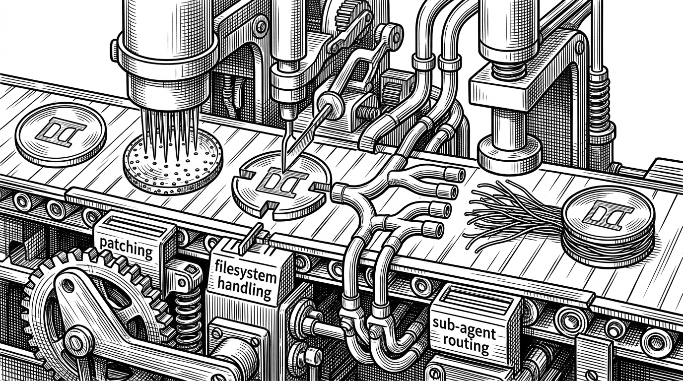 A close-up assembly line where a request passes through several stations in a fixed order, each one stamping, redirecting, or condensing it. It explains how middleware turns an agent loop into a deterministic pipeline.