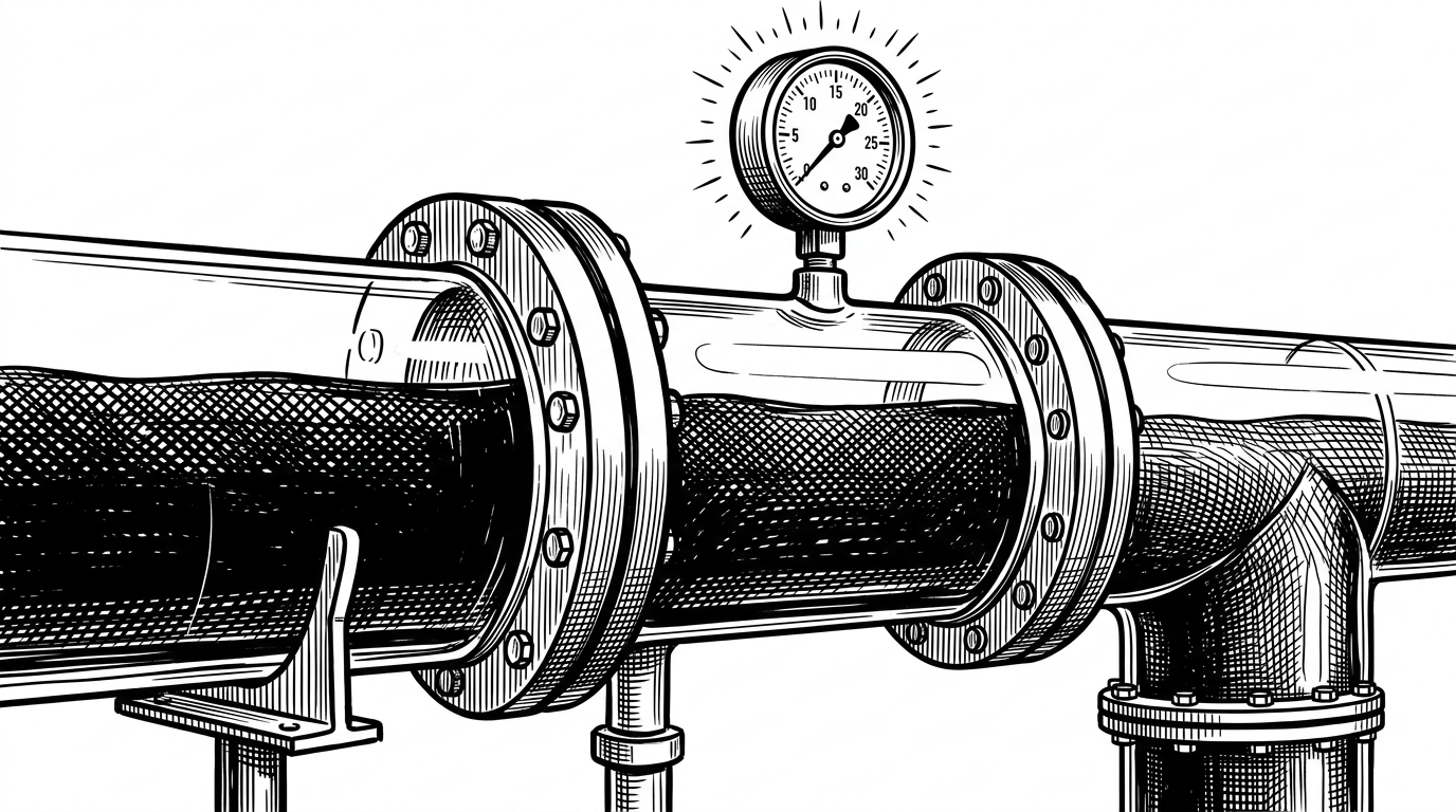 A close-up illustration of thick industrial glass pipes connected by heavy metal flanges. The fluid inside is completely black, representing the opaque nature of complex LCEL pipelines.