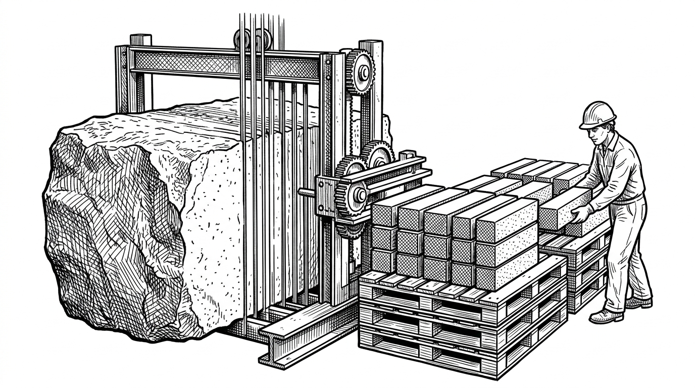 An illustration showing a massive rough stone block being sliced into perfectly uniform, polished bricks stacked on wooden pallets.