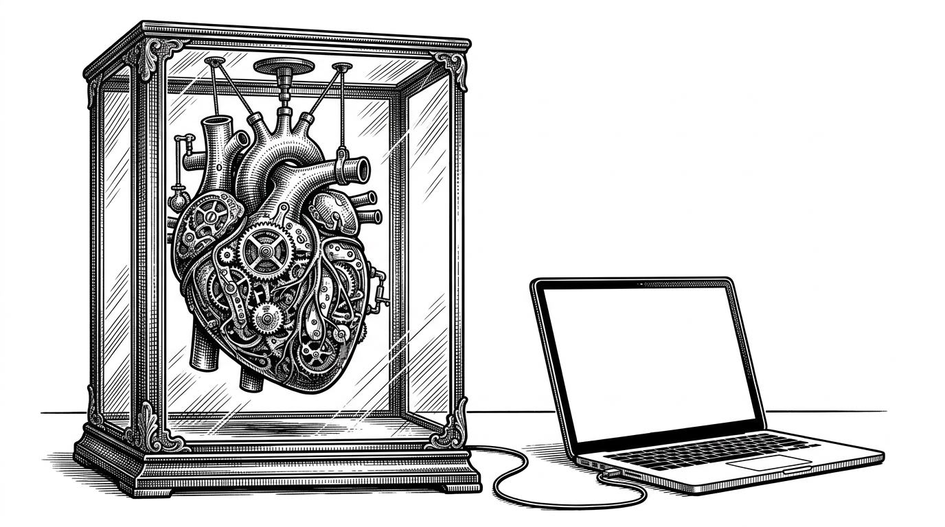 A complex clockwork heart connected by a single thin cable to a sleek laptop, representing the visual backend of AI logic connected to a frontend application.