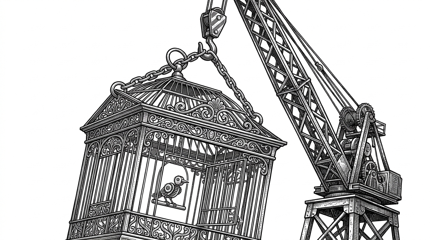 A massive, ornate Victorian birdcage containing a very small mechanical bird, being hoisted by a heavy crane. This illustrates the bloated payload of deploying a full visual IDE to production just to run a single workflow.