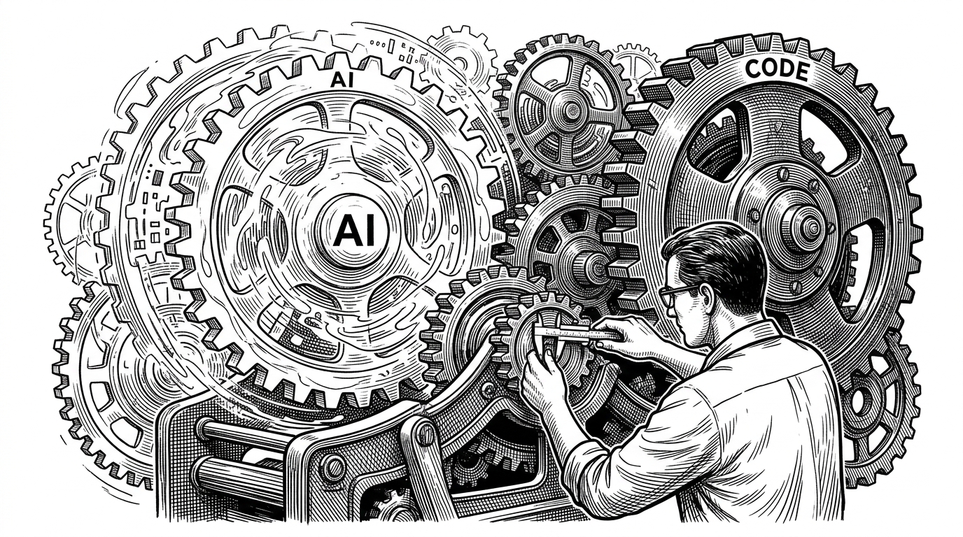 A massive clockwork mechanism where the gears are partially made of glowing light representing AI and partially of heavy iron representing code. A technician adjusts a single gear with calipers.