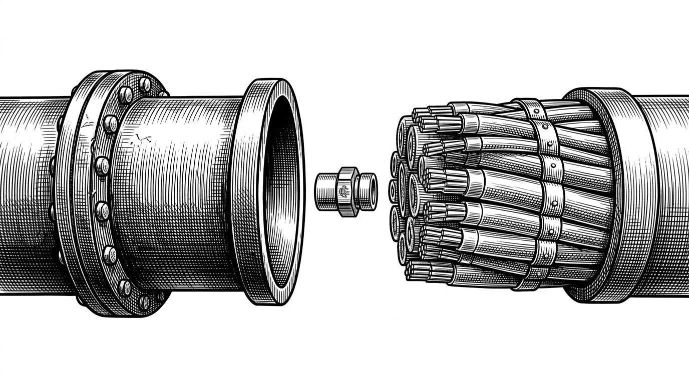 Two massive industrial pipes, one cast-iron and one fiber-optic, failing to connect in the center. A small brass coupling hovers between them, representing the mcp-sse-shim bridging local stdio and web SSE.