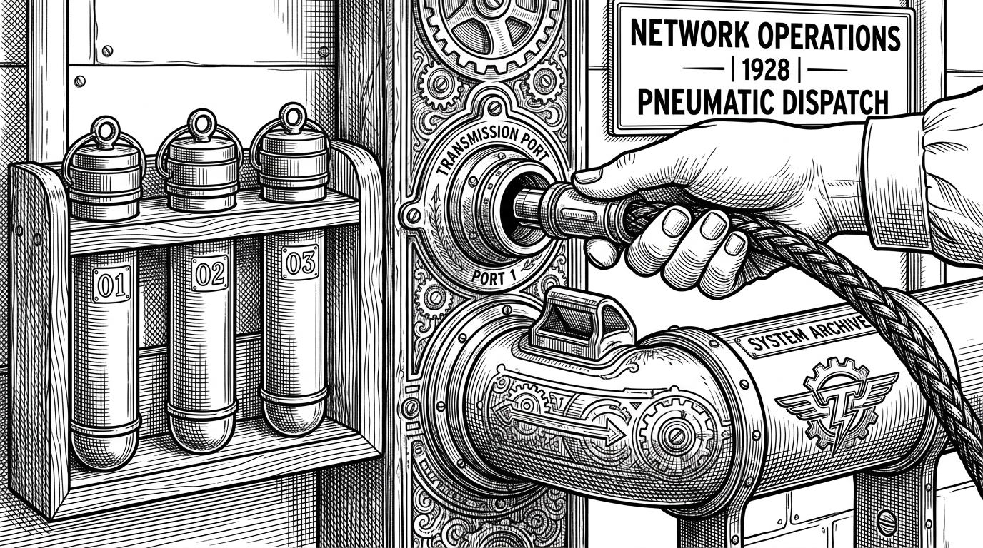 A close-up of a vintage pneumatic tube station with sealed brass message capsules waiting in a wooden rack. A mechanical hand plugs a thick cable into a glowing socket.
