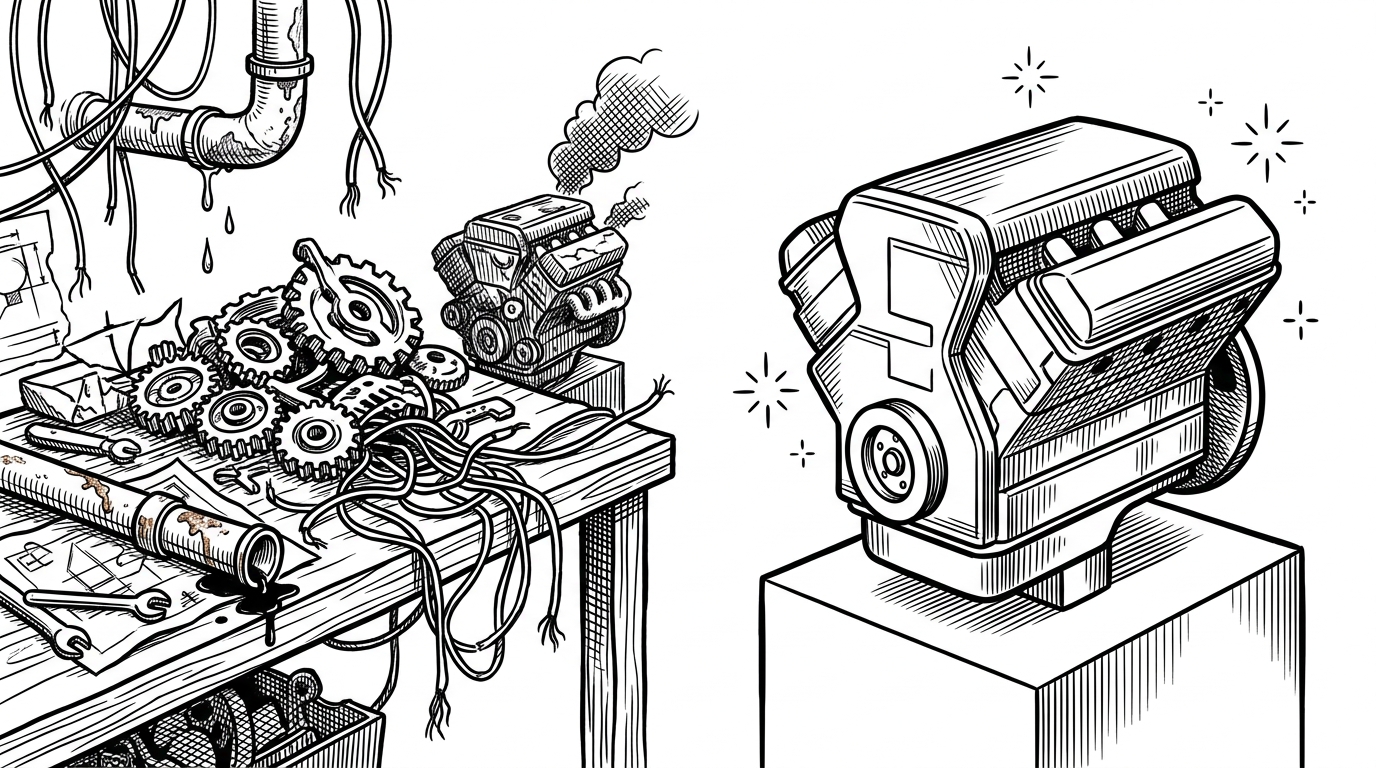 A split illustration showing a chaotic workbench on the left and a sleek, unibody engine on the right. This represents the shift from fragmented DIY RAG scripts to the unified OpenRAG stack.