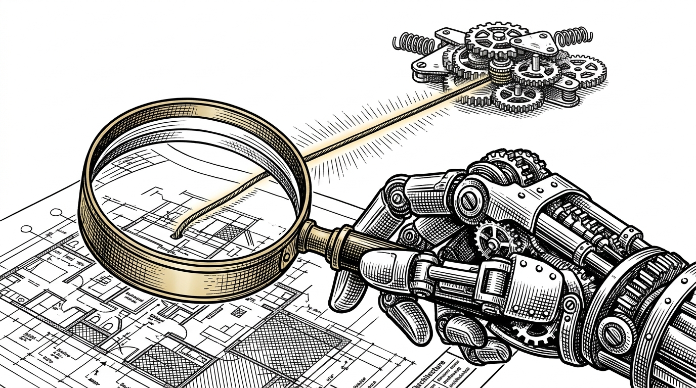 A close-up illustration of a mechanical hand holding a magnifying glass over a dense blueprint, connected by a taut thread to a central control node.