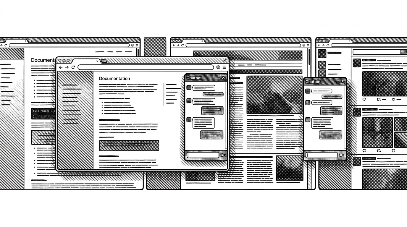 A browser window moves across several different websites while the same chatbot panel stays attached to its edge. The visual makes the extension feel like a delivery layer rather than a standalone AI product. It explains how one Dify app can follow the user from site to site.