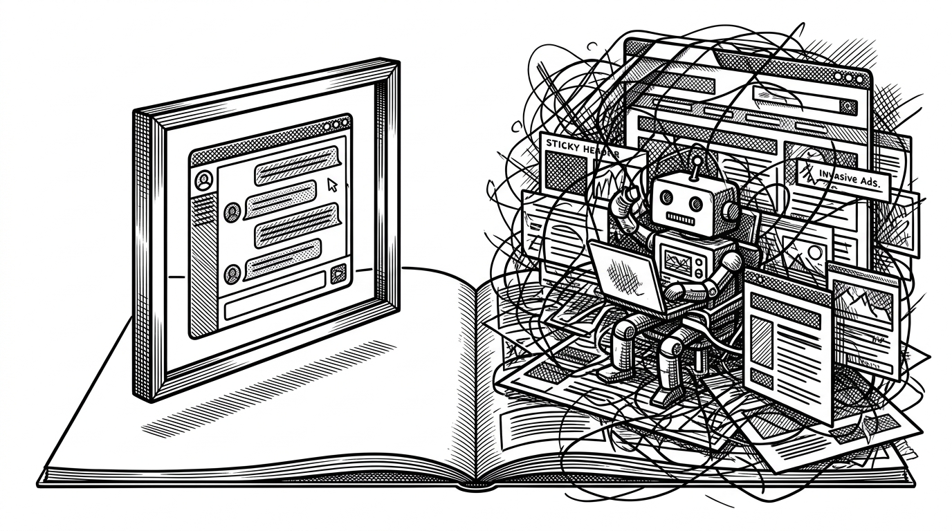 A split scene shows a pristine floating chatbot frame on one side and a cluttered website full of modals, sticky bars, and ads on the other. The frame remains stable while the page underneath feels messy and crowded. The image explains why the extension chooses containment over deep page integration.