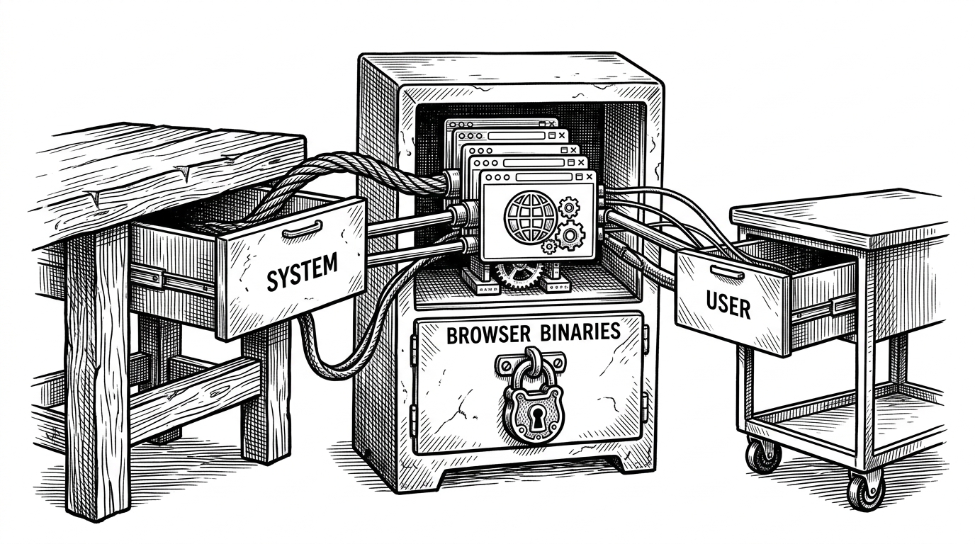 A close-up of two drawers feeding a single browser library, with one drawer marked for a root setup and the other for a non-root user. The image explains how AgentBox shares Playwright binaries across users so browser automation works without re-downloading tools or fighting permissions.