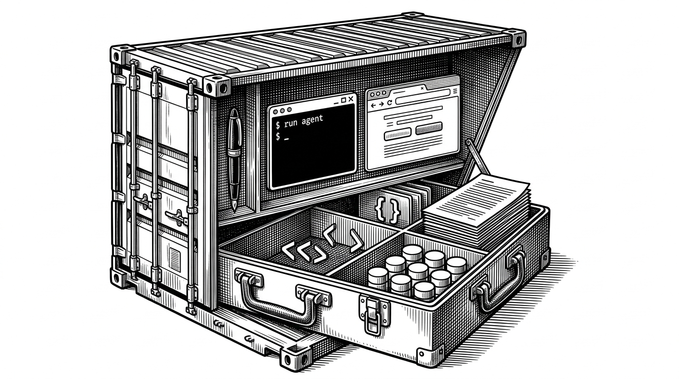 A large open toolbox rebuilt as a sealed shipping container, with different tools and runtimes fitted into precise compartments. The image explains that AgentBox is not one more app layer, but a preassembled workbench for agent code.