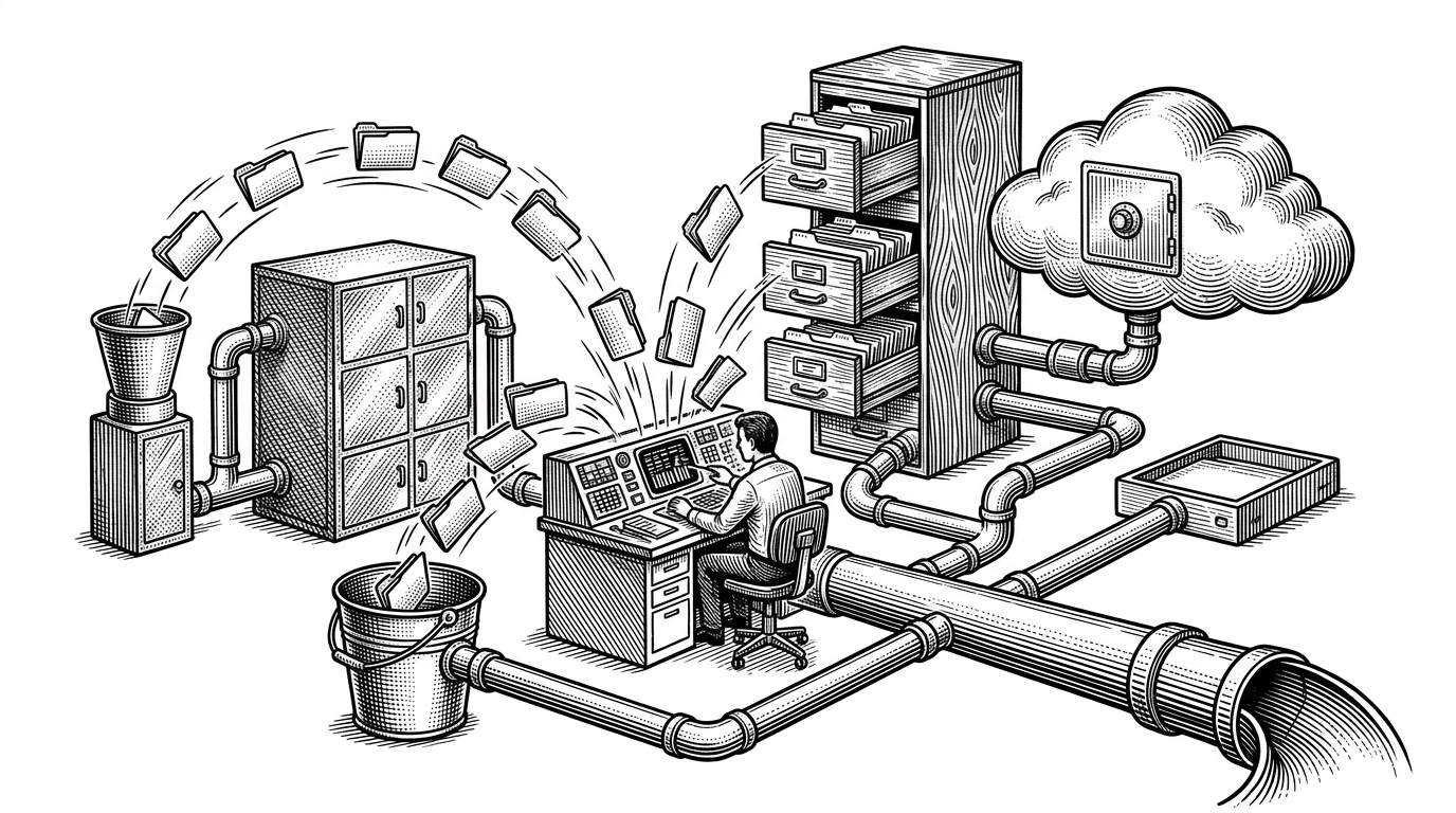 A wide editorial scene shows a single control desk routing files into several different storage containers, each shaped differently but fed by the same central mechanism. The image explains the repo’s main idea: one interface can hide many backend quirks without changing the caller’s mental model.