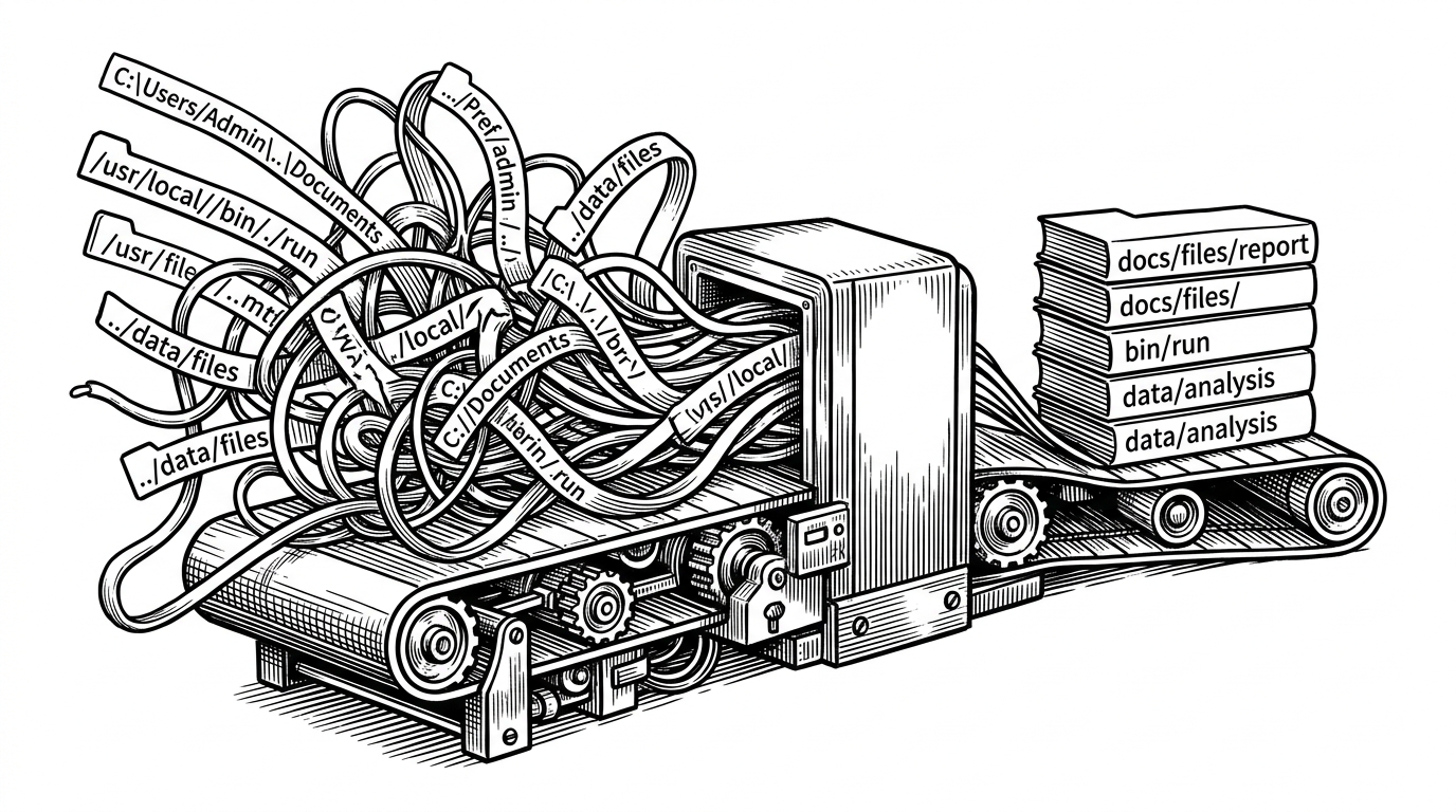A medium shot shows a conveyor belt receiving paths with awkward prefixes and trailing slashes, then outputting a neat stack of normalized relative paths. The scene explains how `List` makes object storage feel more like a filesystem.
