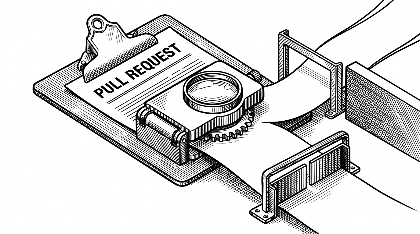 A close-up of a document change entering a mechanical inspection device, with one path continuing forward and another path stopping at a gate. The scene explains how documentation changes were reviewed before merge, with the emphasis on workflow control rather than page design.