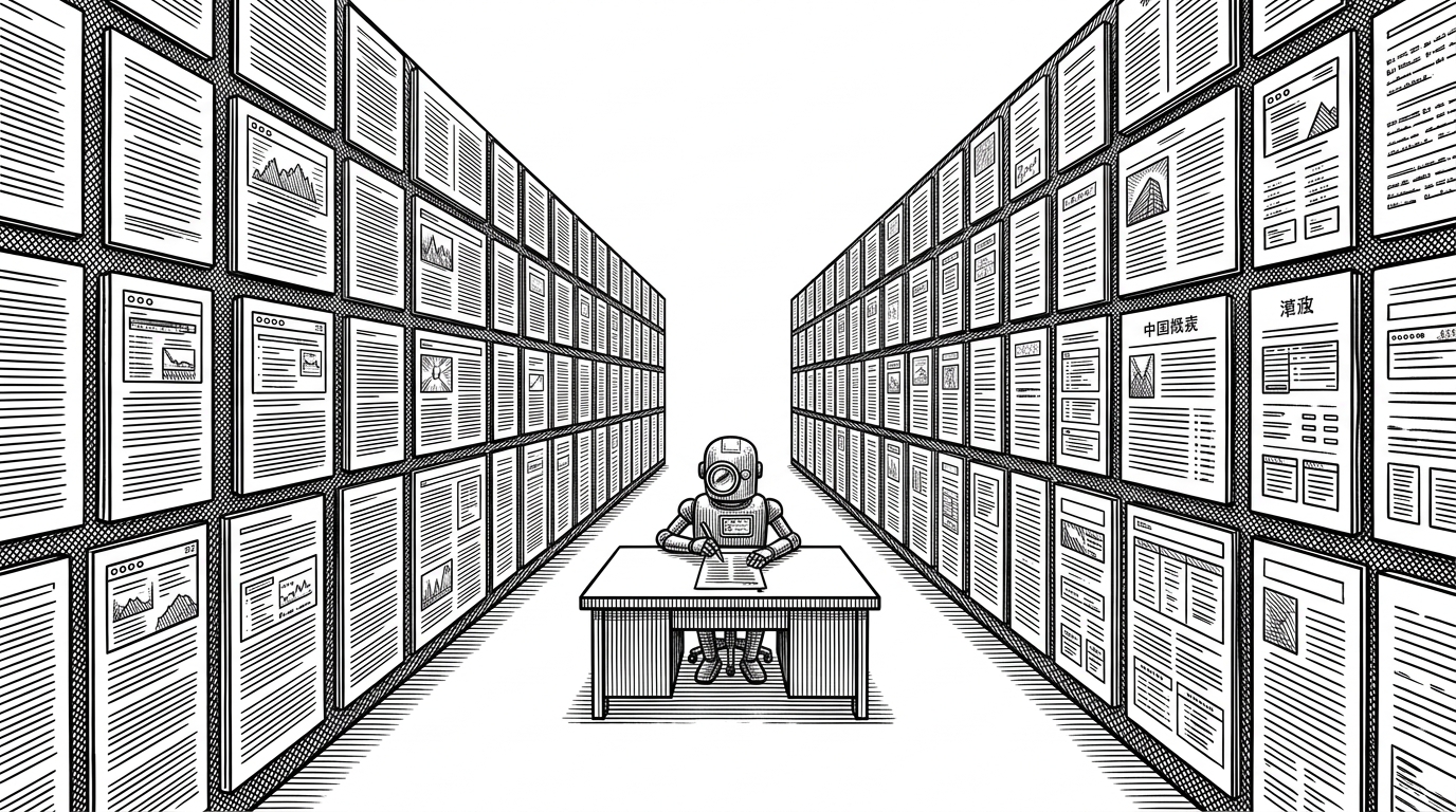 A vast archive room split into two mirrored document corridors, with dense stacks of pages and screenshots on both sides. At the center, a small mechanical reviewer inspects a change sheet, showing how the repository treated documentation like a system with rules, not a static handbook.